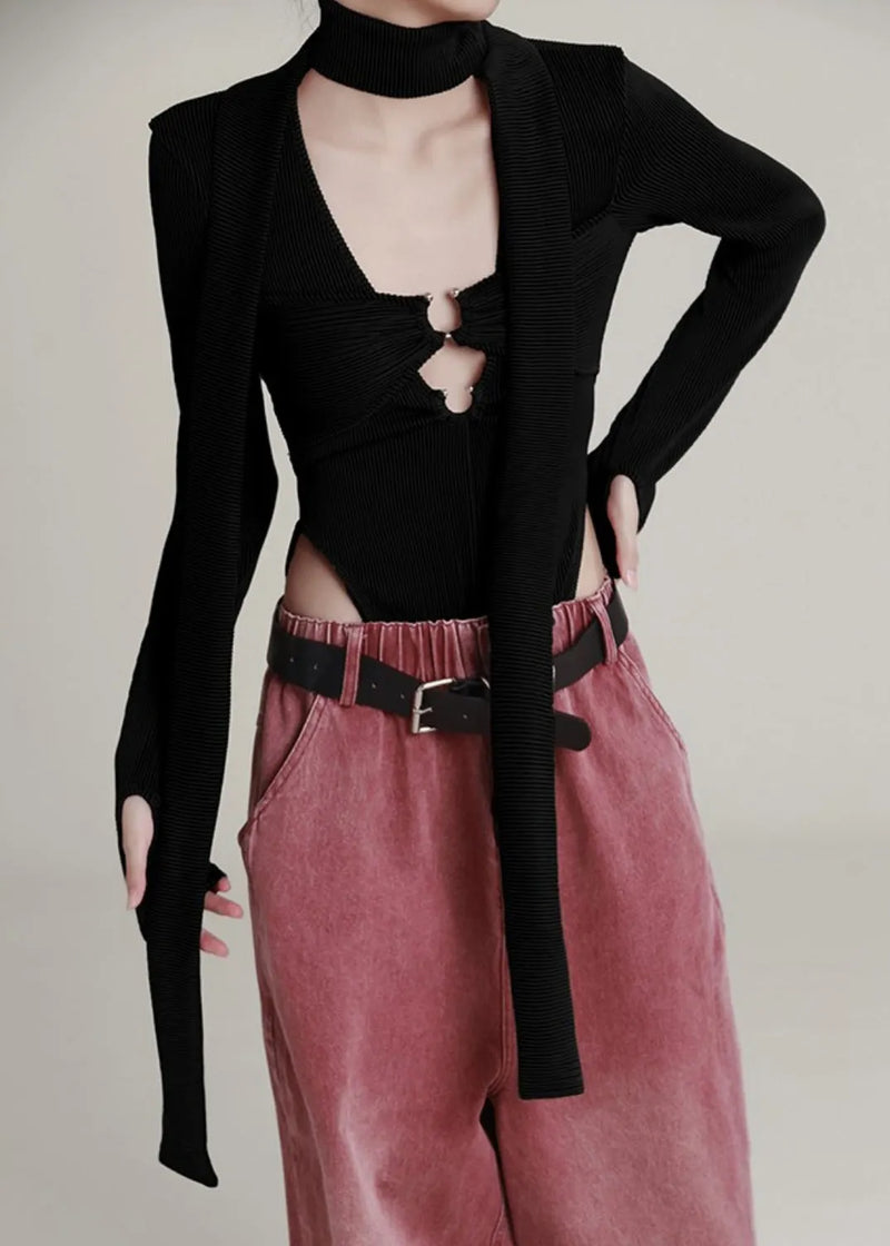Black U Neck Hollow Out Knit Jumpsuit Long Sleeve