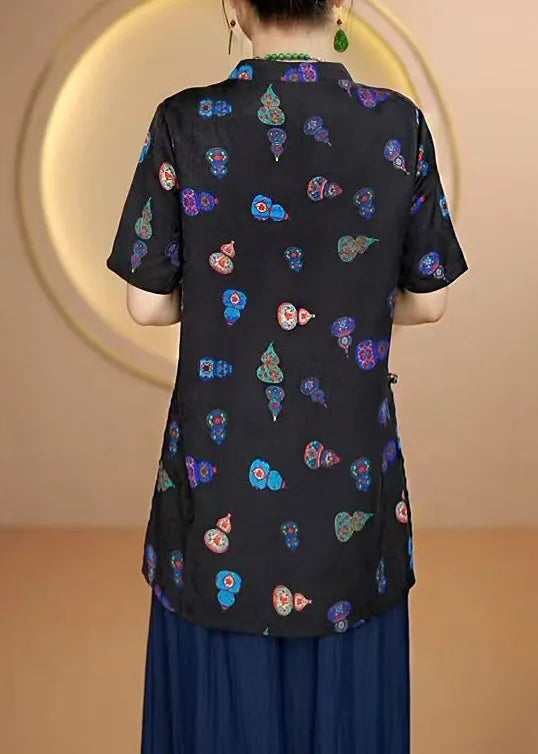New Black Stand Collar Print Chinese Button Silk Shirt Tops Summer