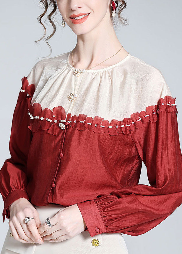 Red O-neck Patchwork Button Silk Shirt Long Sleeve