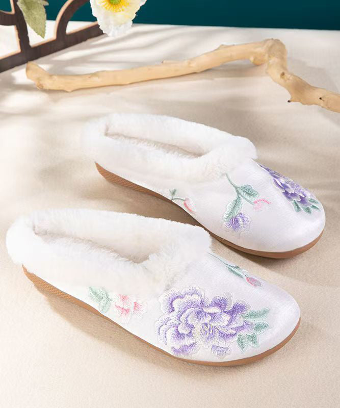 Handmade Fuzzy Wool Lined Slippers Shoes Black Satin Embroidery