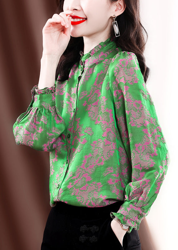 Green Stand Collar Button Ruffled Jacquard Silk Shirt Top Long Sleeve