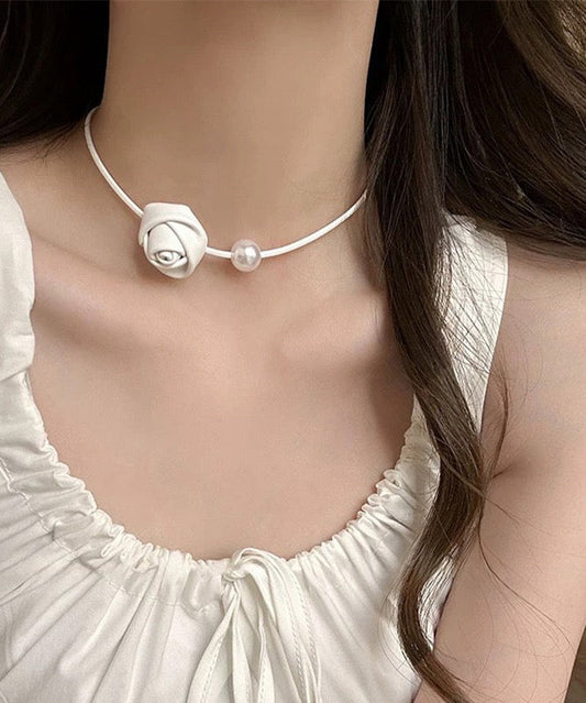 White Stainless Steel Pearl Rose Choker