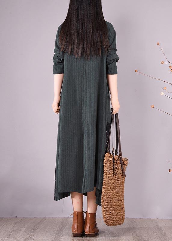 Loose O Neck Pockets Spring Clothes Design Blackish Green Patchwork Print Dresses