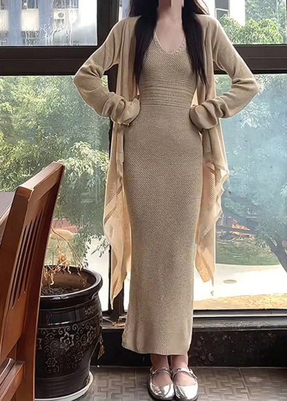 Apricot O-neck Halter Tunic Knit Cardigans and Long Dress Two Piece Set Fall