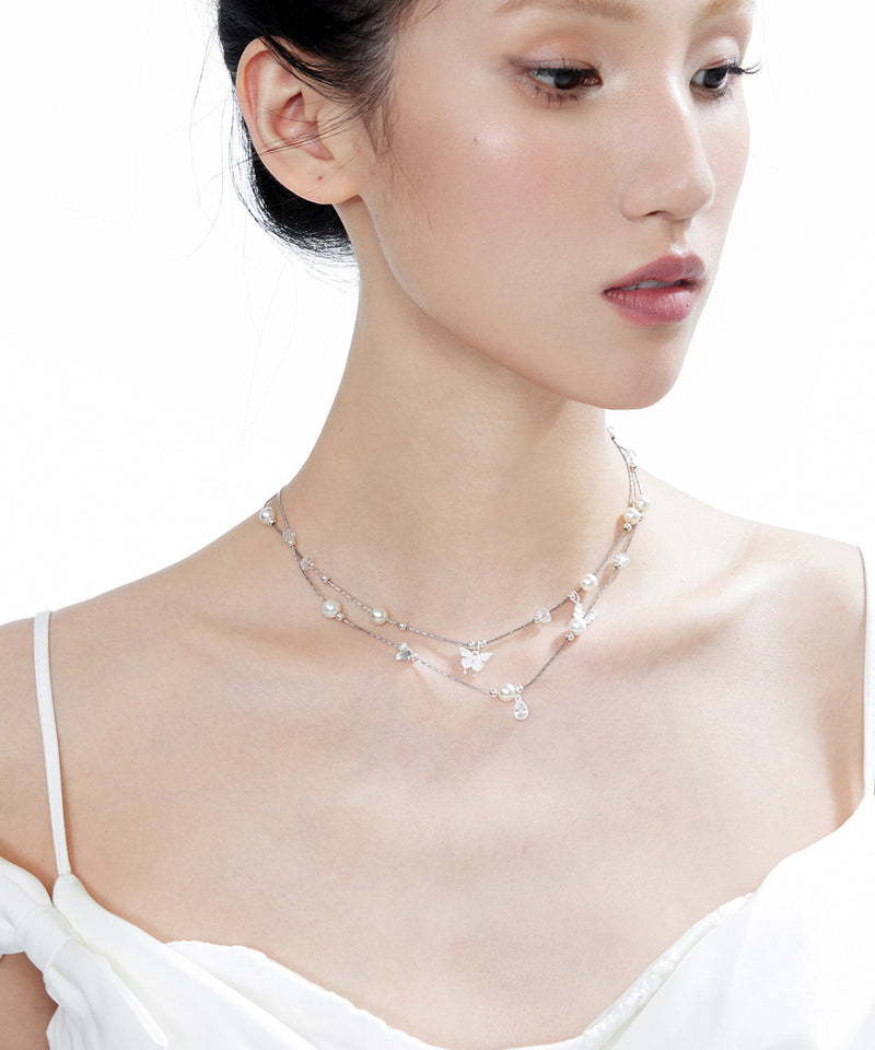 Original White Butterfly Crystal Pearl Double Layered Adjustable Silver Necklace