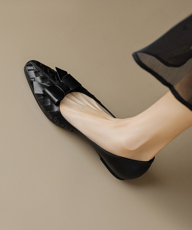 Bow Splicing Soft Comfy Flats Black Sheepskin