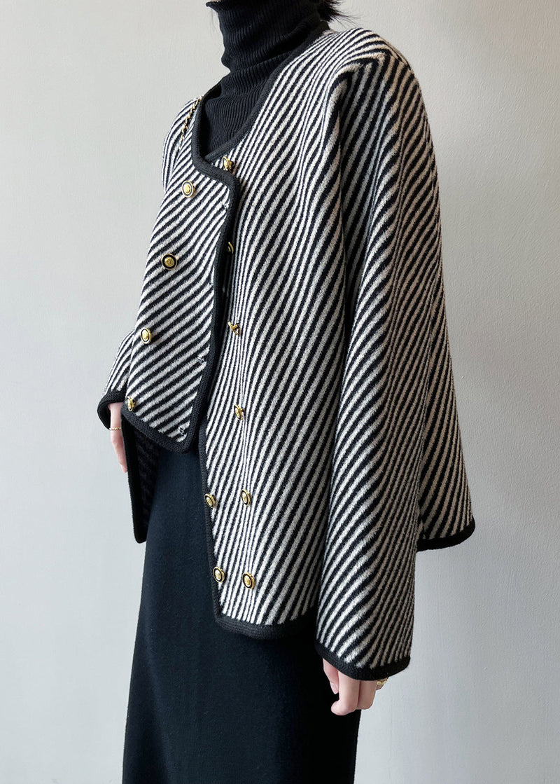 Italian Asymmetrical Striped Double Breast Cotton Coats Fall