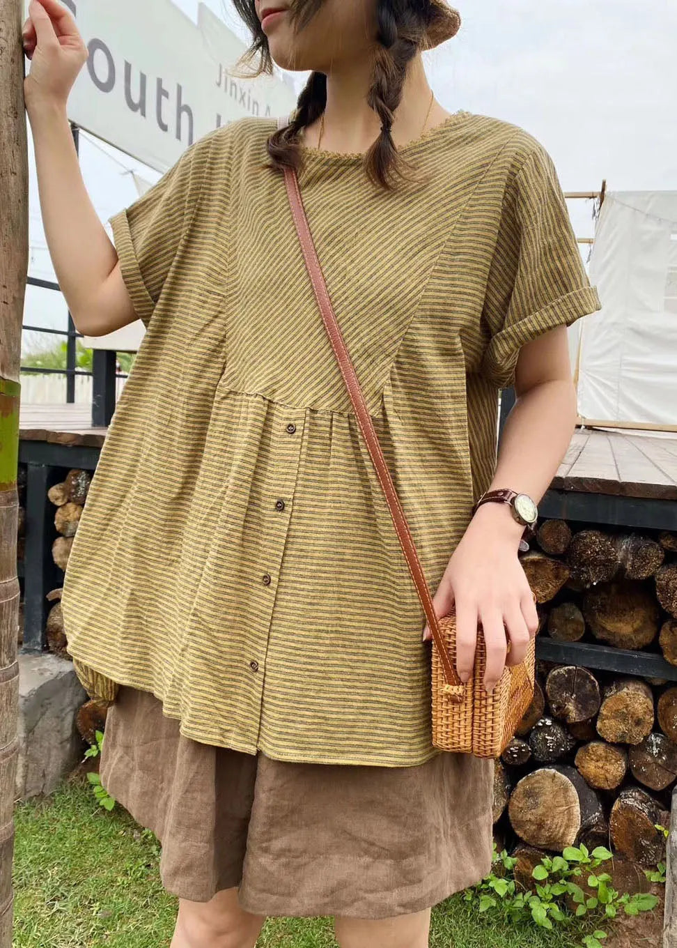 Green Patchwork Striped Linen Top Short Sleeve