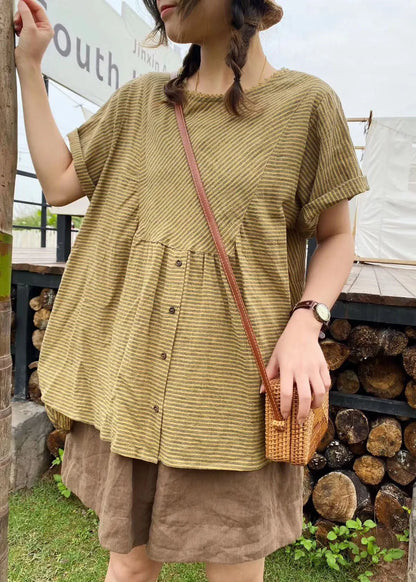 Green Patchwork Striped Linen Top Short Sleeve