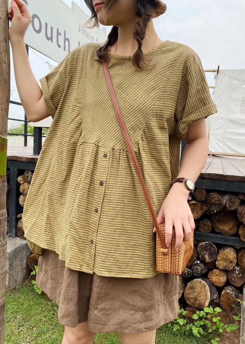 Green Patchwork Striped Linen Top Short Sleeve