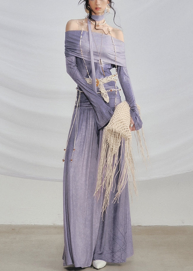 Coffee Slash Neck Print Wrinkled Knitting Cotton Long Dress Flare Sleeve