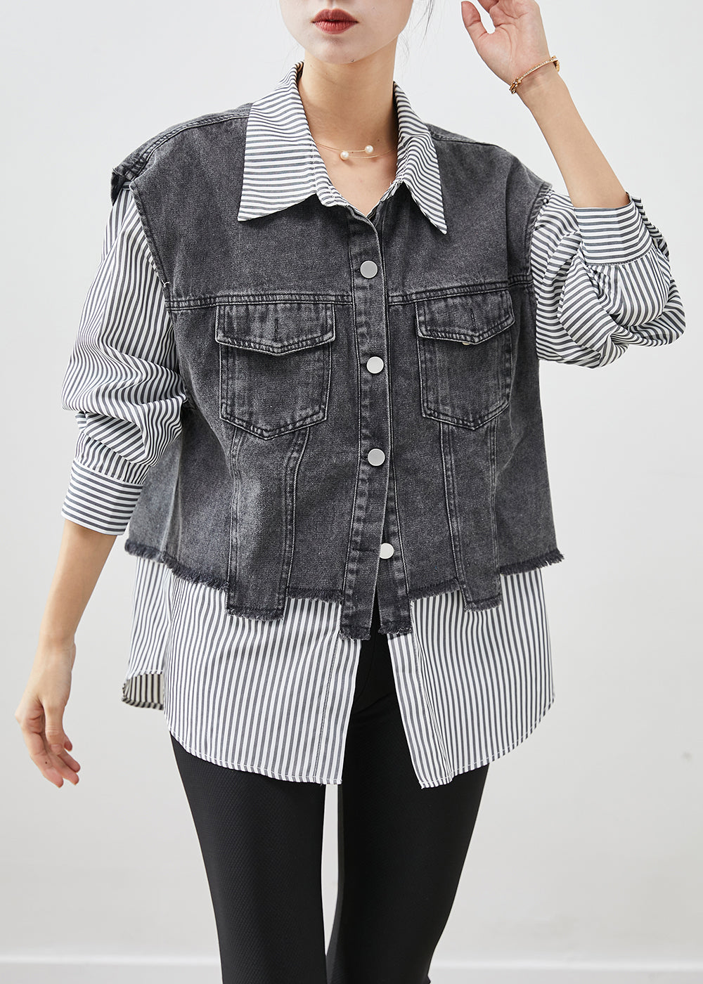 Black Striped Patchwork Denim Coat Outwear Fall