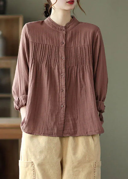 Fitted Chocolate Patchwork Wrinkled Tops Fall Shirt
