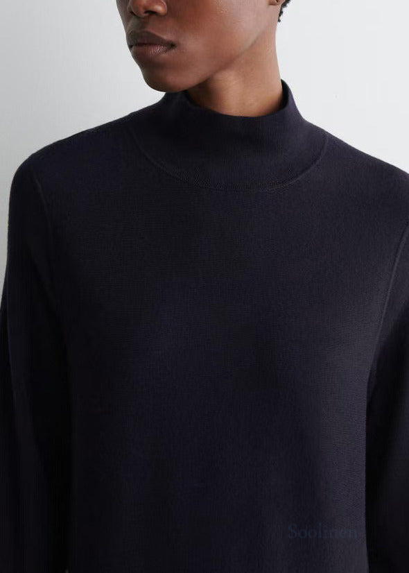 Black Stand Collar Knit Day a Line Dress Fall