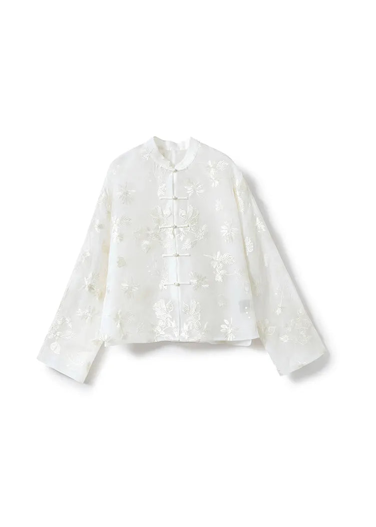 Chinese Style Stand Collar Embroidered Oriental Button Silk Shirts Fall