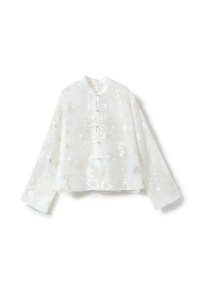 Chinese Style Stand Collar Embroidered Oriental Button Silk Shirts Fall