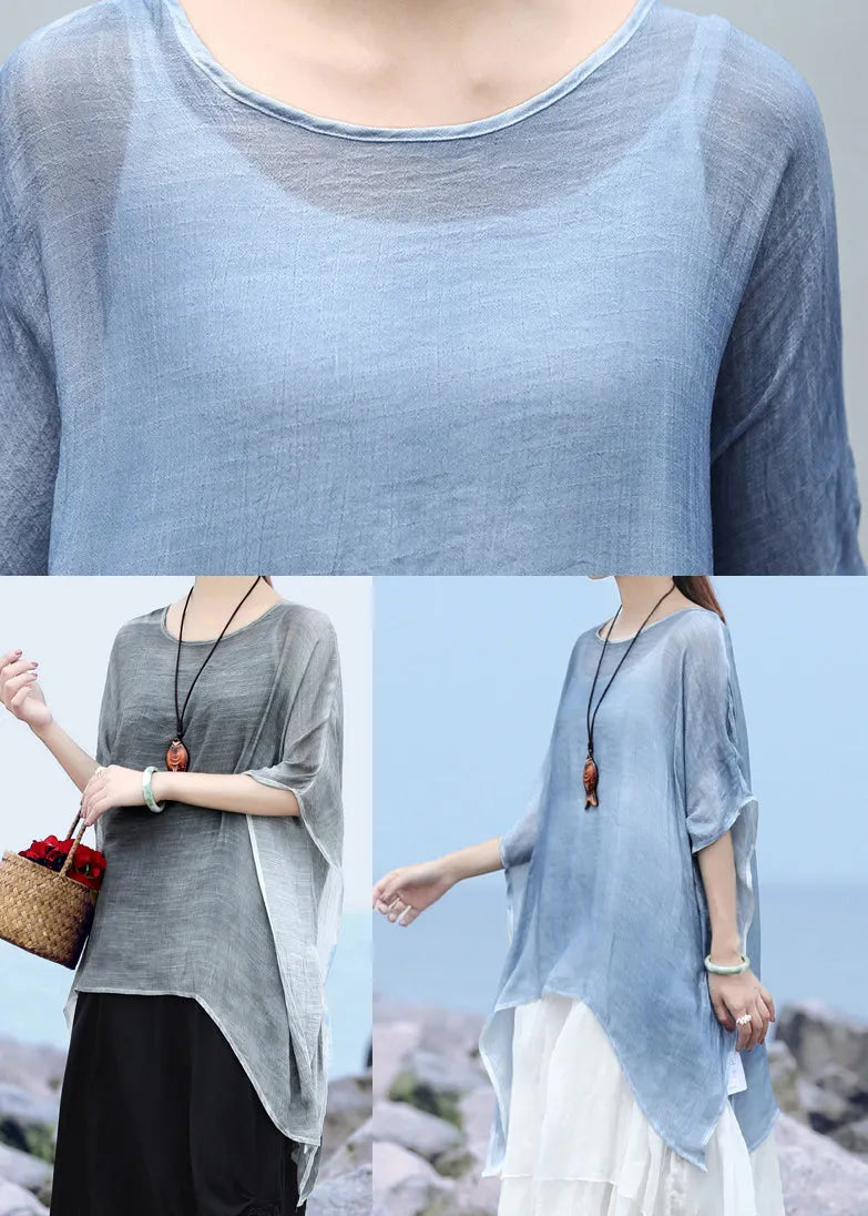 Blue O-neck Asymmetrical Design Linen Tops Batwing Sleeve