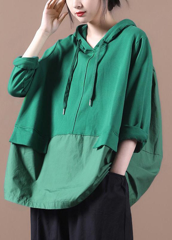 Green Patchwork Drawstring Hooded Sweatshirts Long Sleeve