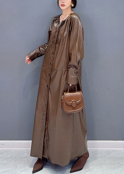 Coffee Drawstring Tie Waist Faux Leather Long Trench Coat Fall