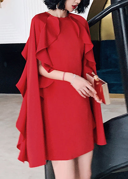 Red O-neck Ruffled Patchwork Cotton Mid Dresses Summer