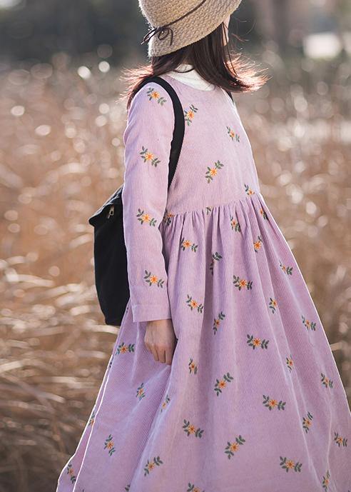 Vivid Pink Embroidery Dress O-neck Long Spring Dresses
