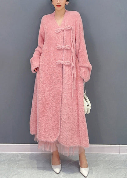 Pink V Neck Button Woolen Trench Coat Long Sleeve