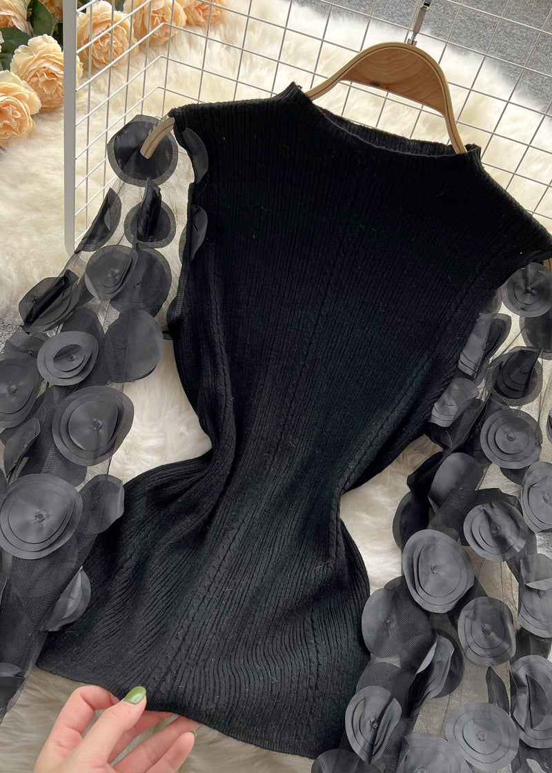 Natural Black O-neck Patchwork Tulle Top Puff Sleeve