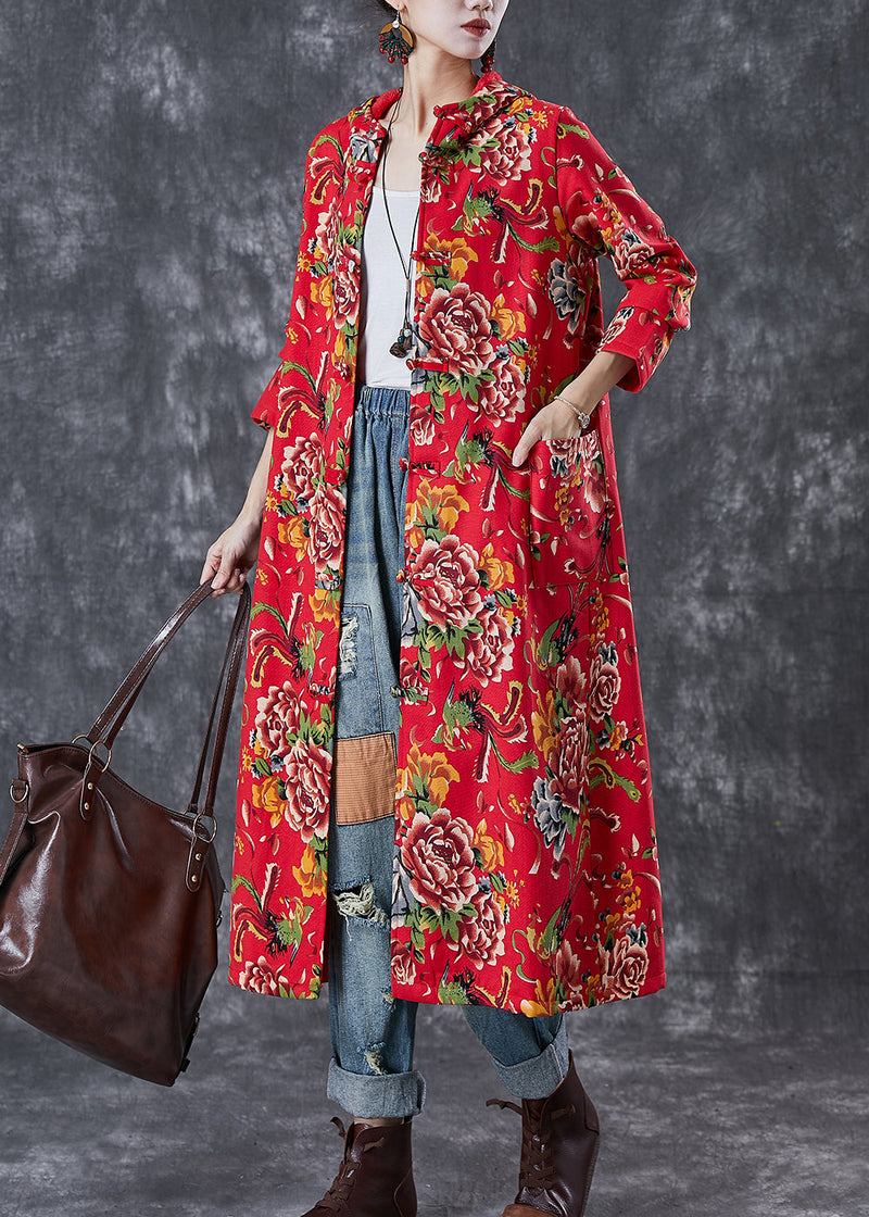 Red Hooded Print Warm Fleece Trench Coat Winter