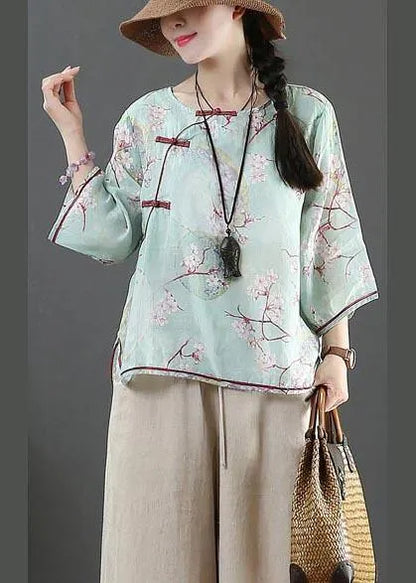 Organic Blue Print Linen Half Sleeve Top Summer
