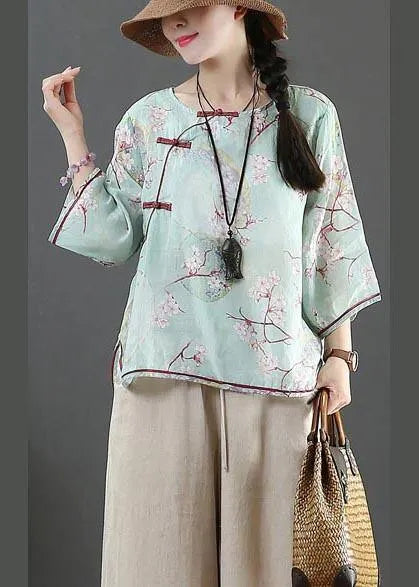 Organic Blue Print Linen Half Sleeve Top Summer