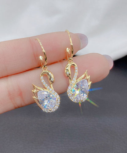 Gold Alloy Zircon Crystal Swan Drop Earrings