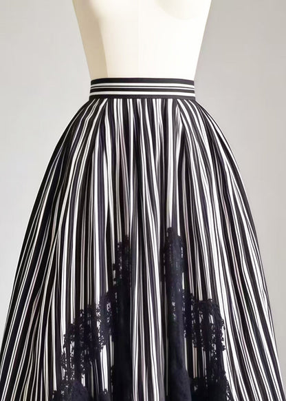 Black Striped Patchwork Lace Exra Large Hem Skirt Summer