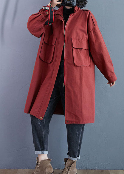 Red Stand Collar Zippered Pockets Fall Long Sleeve Trench Coats