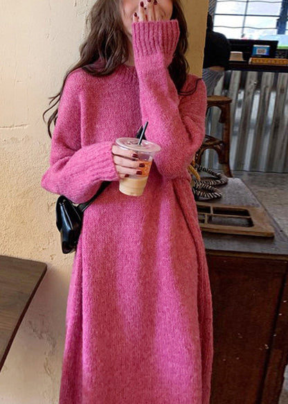 Rose O-neck Thick Cozy Loose Knit Sweater Dress Winter