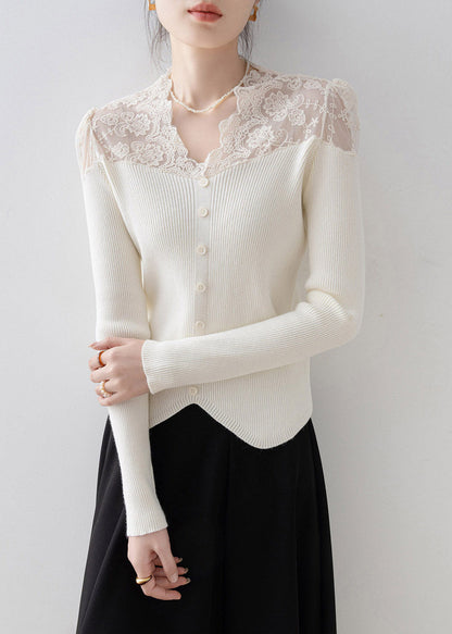 Apricot V Neck Lace Patchwork Knit Sweater Spring