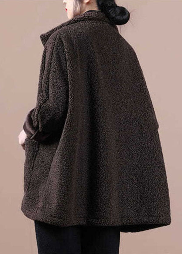 Chocolate Warm Teddy Faux Fur Loose Coats Zip Up Batwing Sleeve