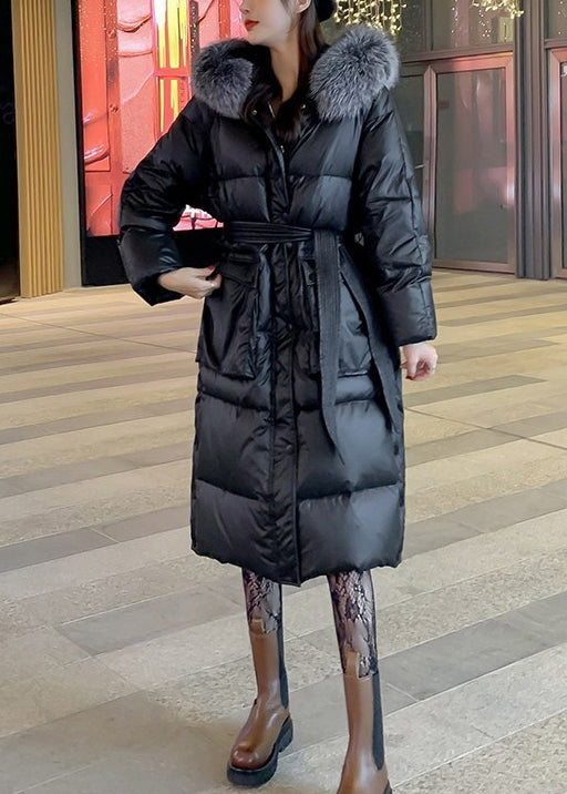 Black Fox Collar Tie Waist Patchwork Duck Down Coats Winter