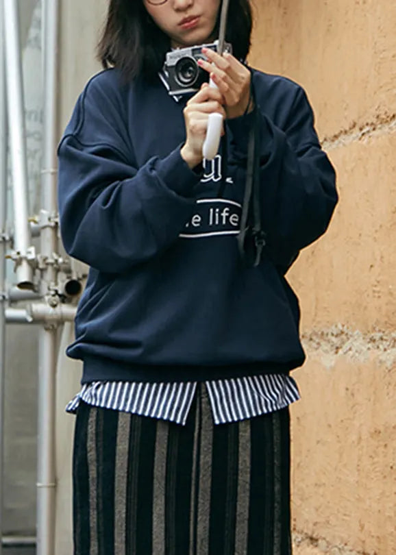 Navy Peter Pan Collar Graphic Embroideried Striped Patchwork Sweatshirts Fall