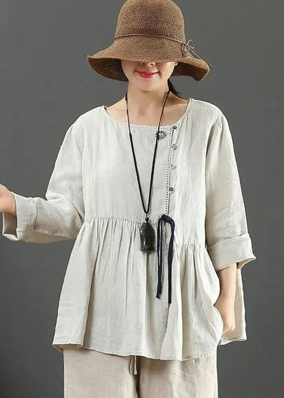 Italian Beige Blouses for O Neck Cinched Tunic Spring Blouse