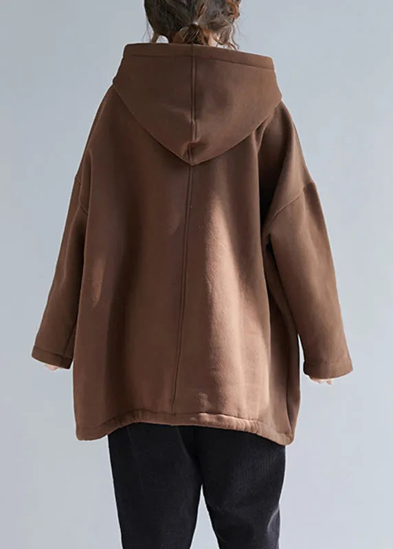 Chocolate Colour Pockets Drawstring Cotton Hooded Pullover Long Sleeve