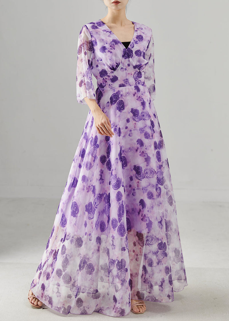 Purple Print Exra Large Hem Chiffon Long Dresses Summer