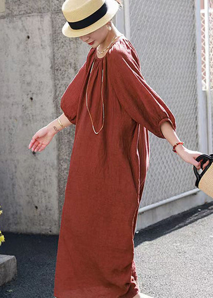 Handmade Loose Orange O-neck Linen Dress Summer