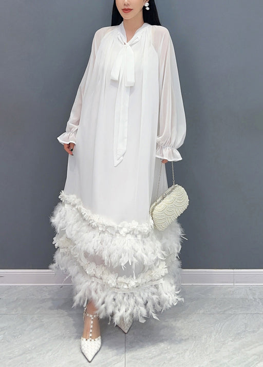 Stylish Green Feather Lace Up Patchwork Chiffon Maxi Dress Long Sleeve Spring
