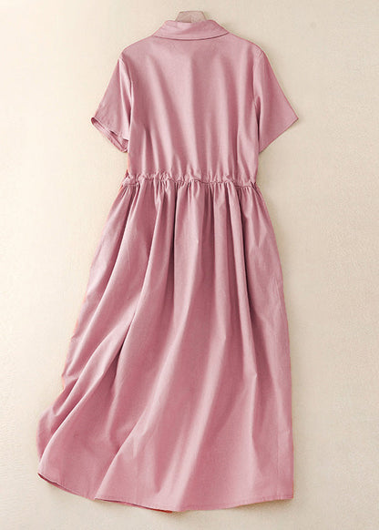 Pink Peter Pan Collar Drawstring Cotton Long Dress Summer