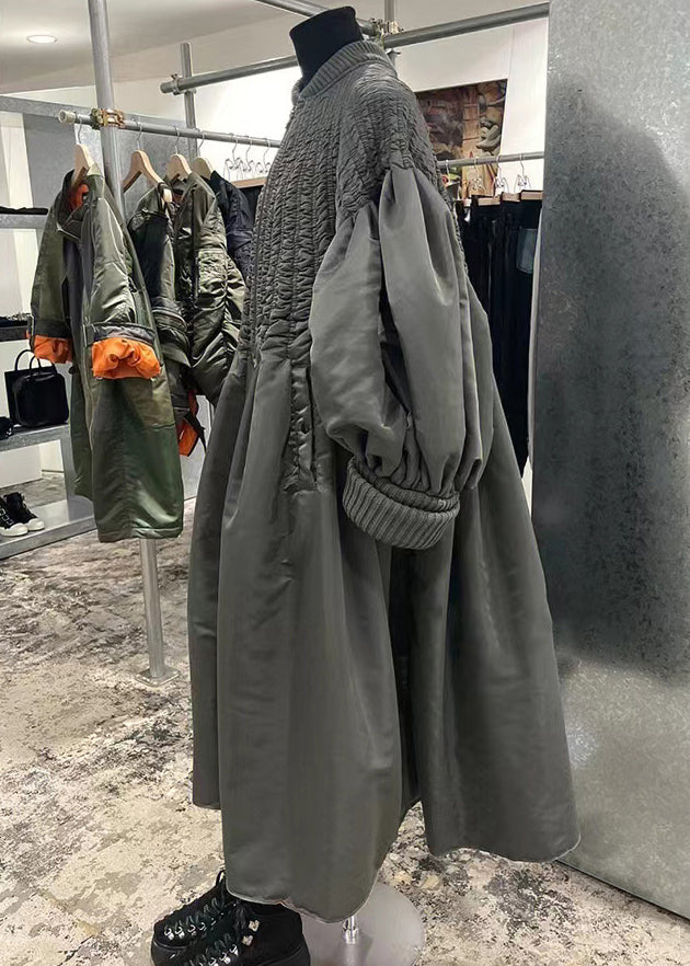 Grey Zip Up Wrinkled Pockets Patchwork Fine Cotton Filled Coat Winter