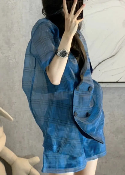 Blue Peter Pan Collar Plaid Patchwork Top Hot Pants Two-piece Set Short Sleeve