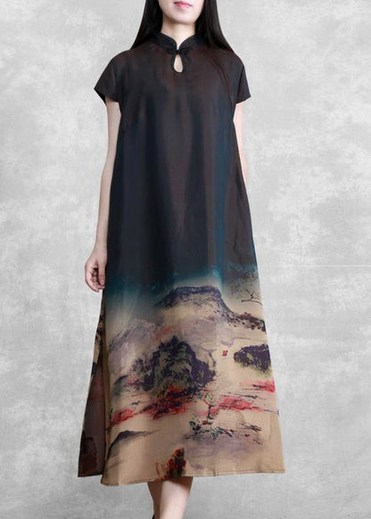 Mountain Paiting Satin Dress Long Summer Dresses