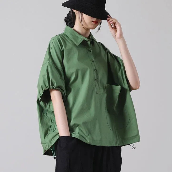 Fitted Army Green Peter Pan Collar Blouse Top Short Sleeve