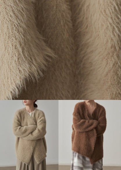 Coffee Chunky Mink Hair Knitted Cardigan V-neck Long Sleeve