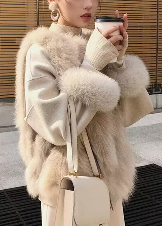 Apricot O-neck Zippered Leather and Fur Waistcoat Sleeveless